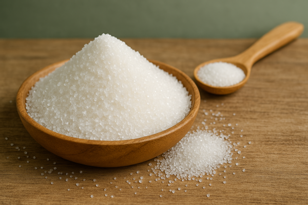 "A bowl of fresh, premium quality white granulated sugar, neatly heaped, symbolizing 1kg packaging."