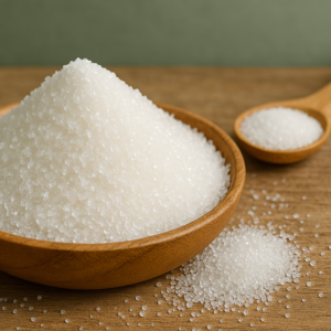 "A bowl of fresh, premium quality white granulated sugar, neatly heaped, symbolizing 1kg packaging."