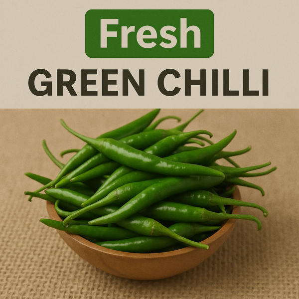 Fresh green chillies 1kg pack - vibrant long hari mirch with stems, perfect for Indian cooking"