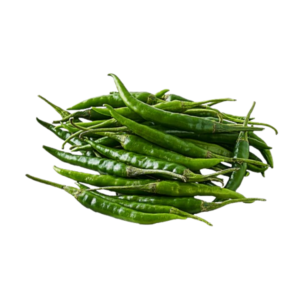 Fresh green chillies 1kg pack - vibrant long hari mirch with stems, perfect for Indian cooking"