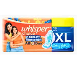 Whisper Choice XL Cottony Softness – 18 Pads Ultimate Comfort Meets Superior Protection.